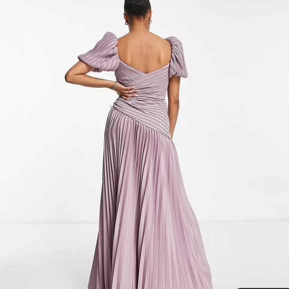 ASOS DESIGN puff sleeve lace trim pleated skater dress in mauve - Picture 2 of 8